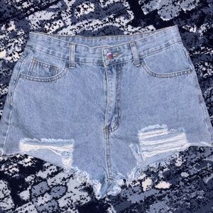SHEIN Light Blue Distressed Jean Shorts with Smiley face pockets